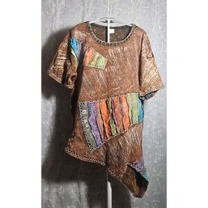 Boho Hippie TShirt Womens M/L Patchwork Short Sleeve Asymmetrical Lagenlook 90s